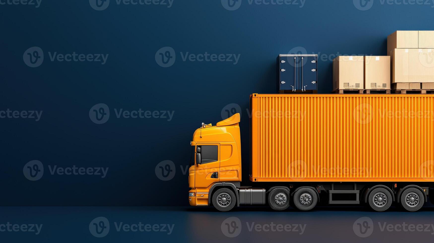 A large orange truck with boxes on top photo