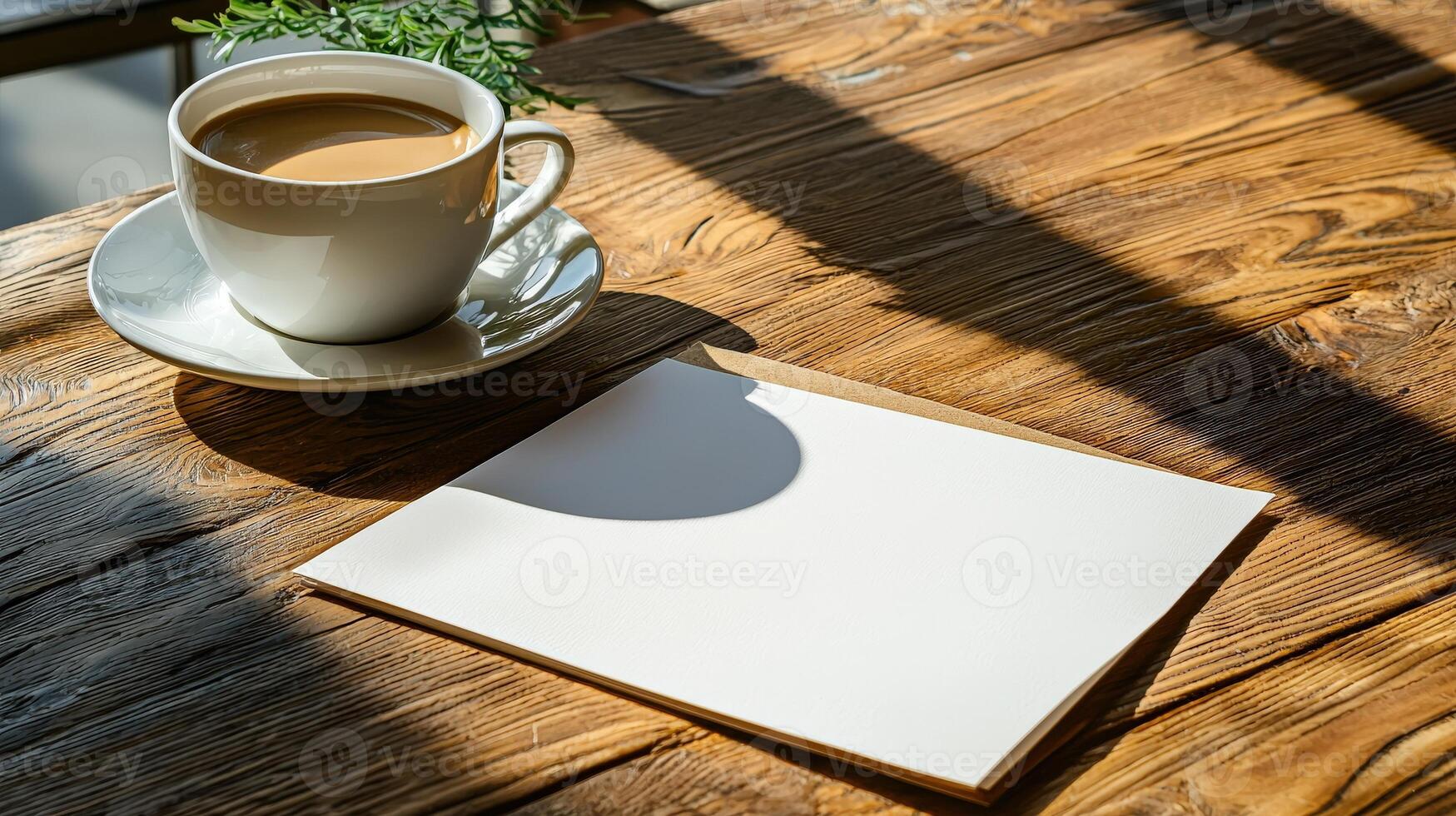 A cup of coffee and a blank note on a wooden table photo