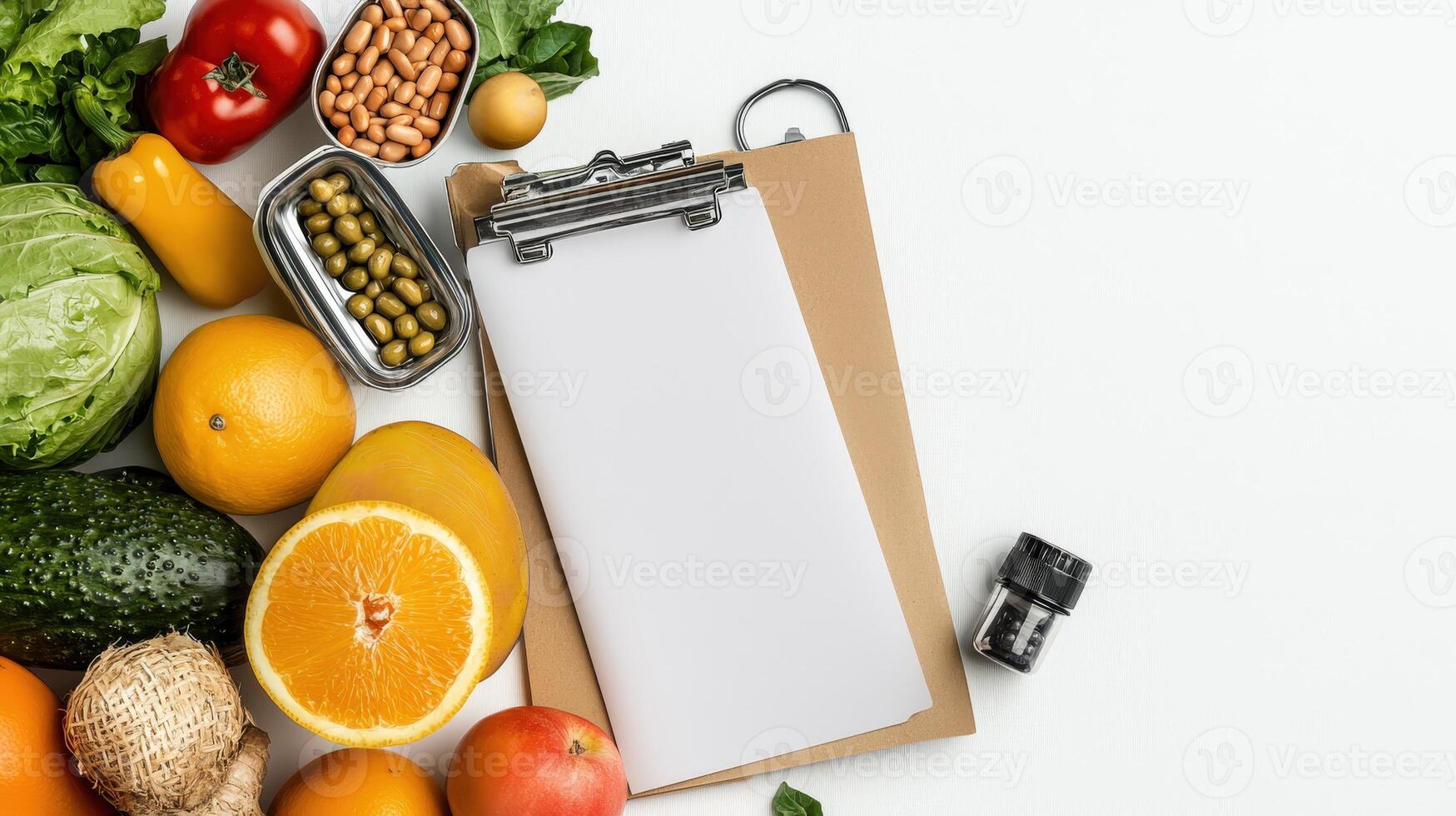 A clipboard with a blank sheet of paper surrounded by fresh fruits and vegetables photo