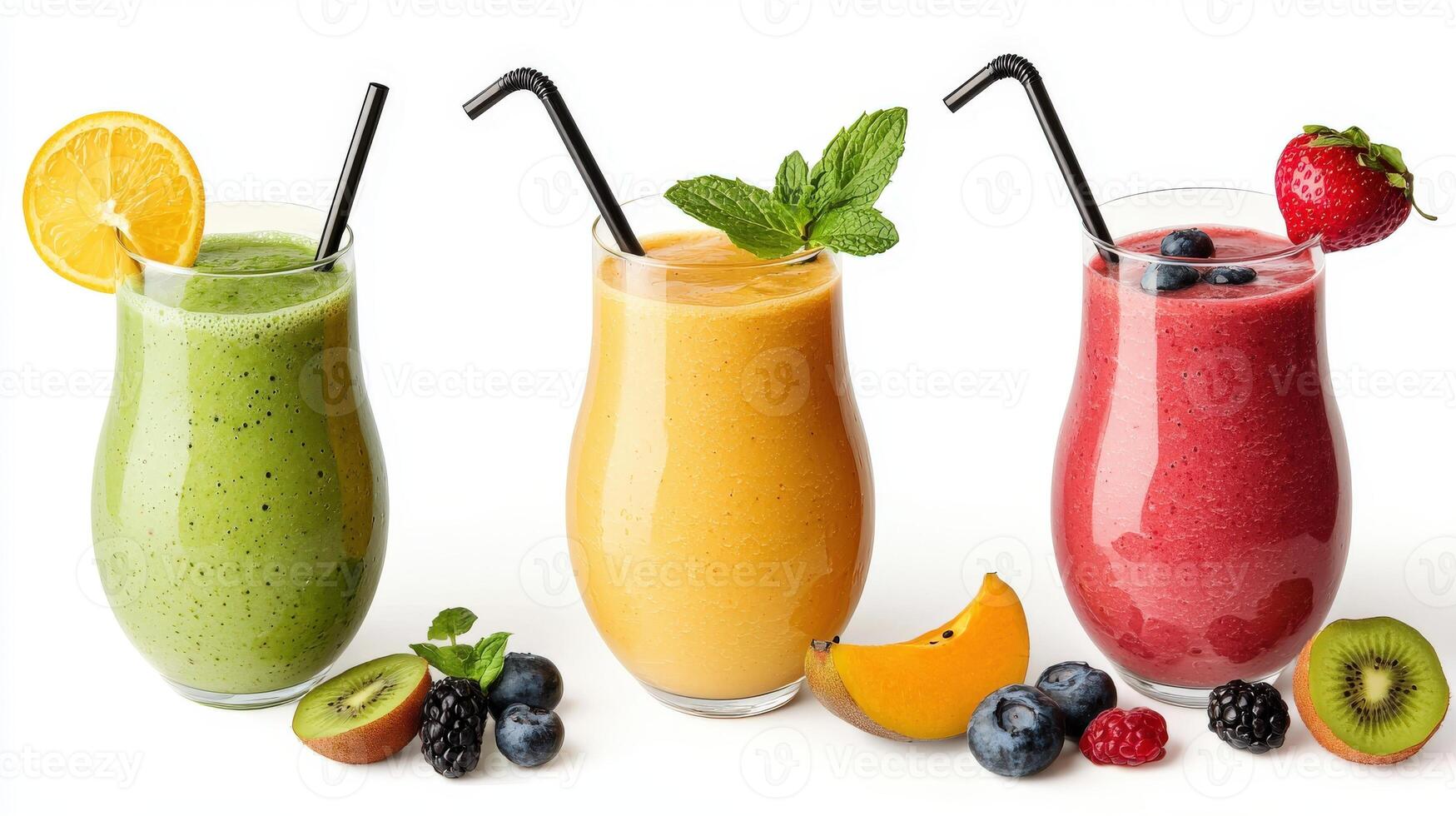 Three different smoothies are shown in a row photo