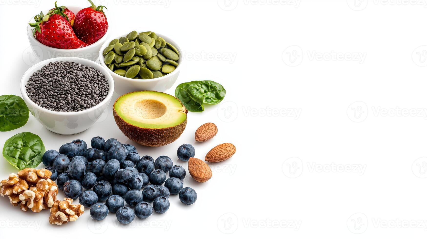 Various fruits and vegetables are arranged in bowls photo