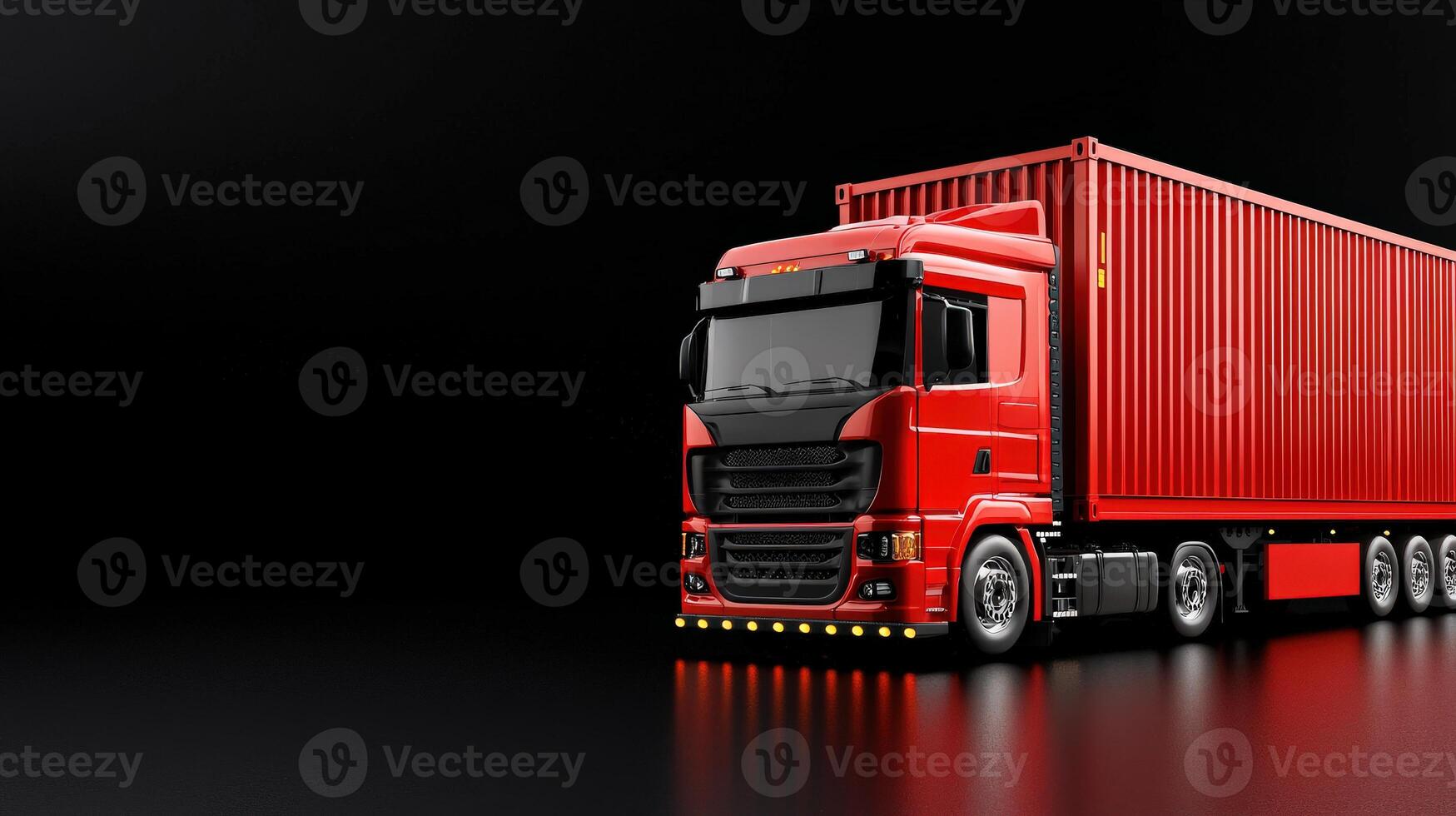 A red truck is shown on a black background photo