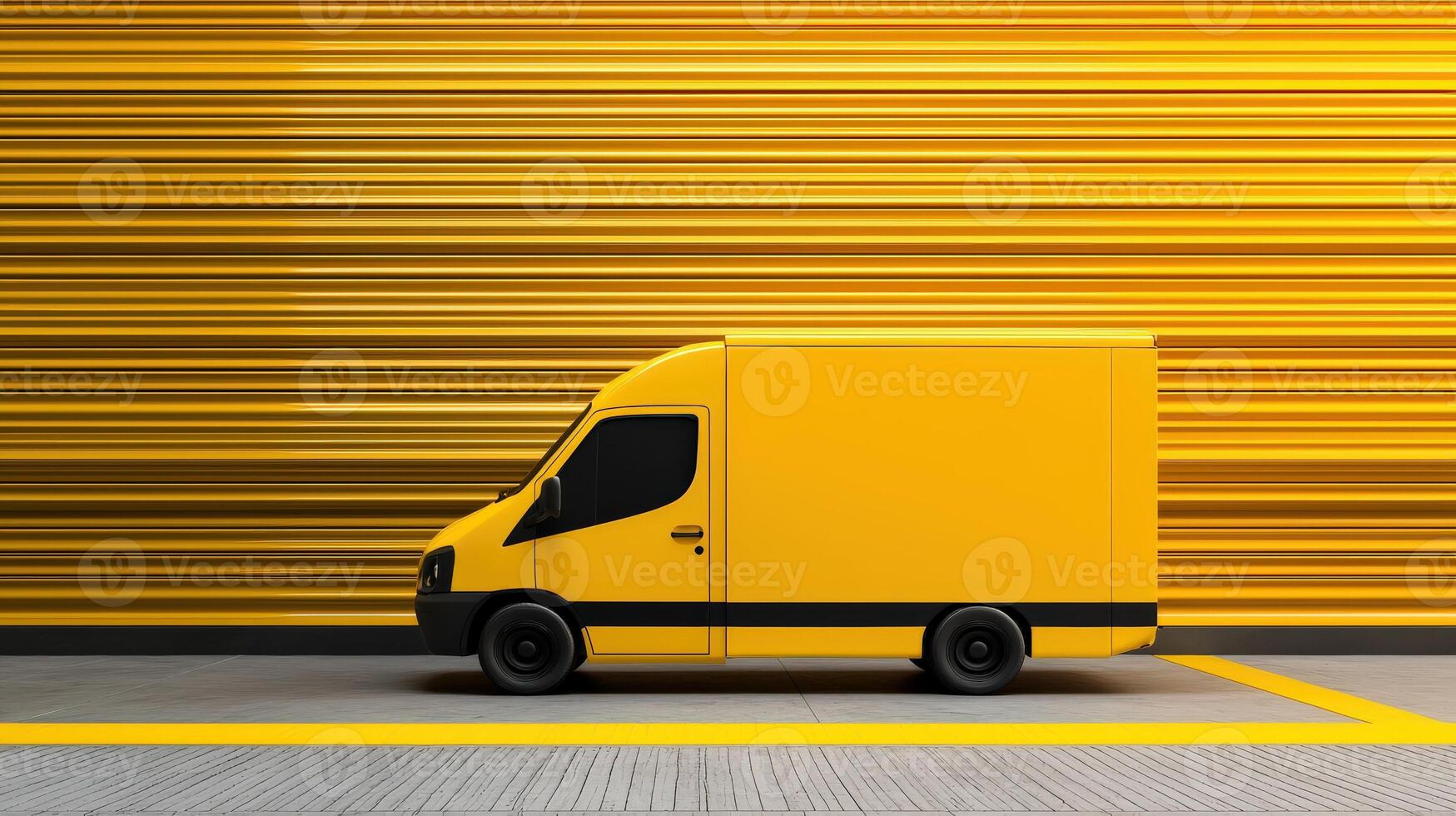 A yellow delivery truck is parked in front of a yellow wall photo