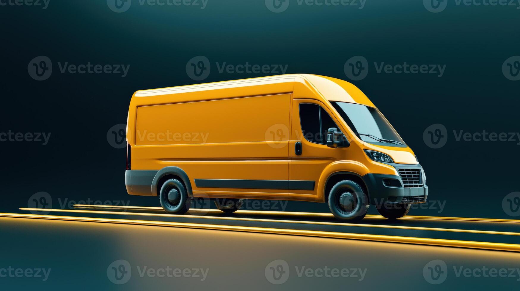 A yellow van is driving on a road photo