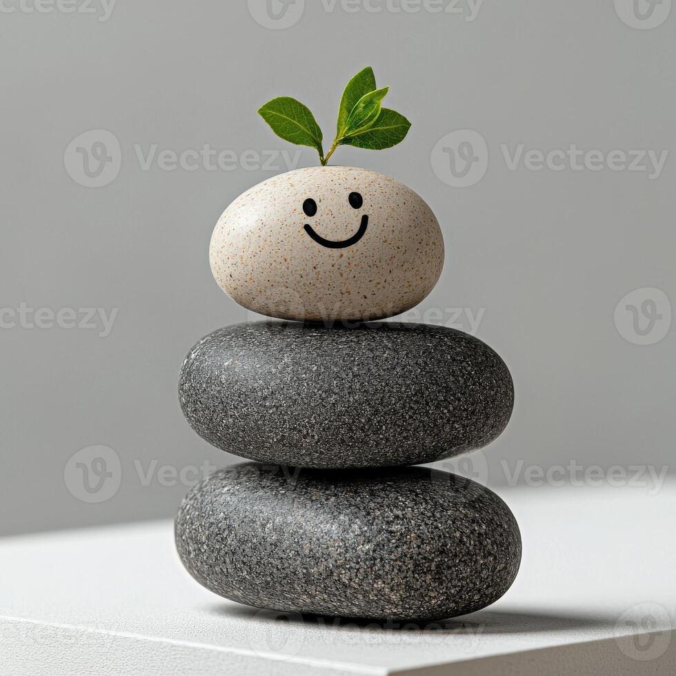 A stack of rocks with a smiling face on top photo