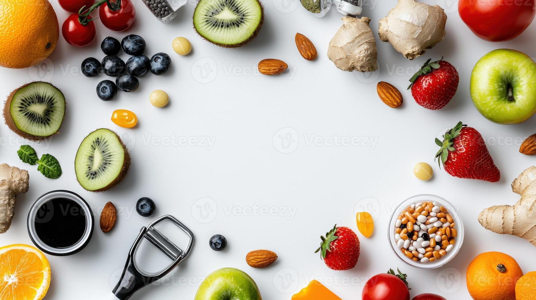 A circle of fruits and vegetables arranged around a white background photo