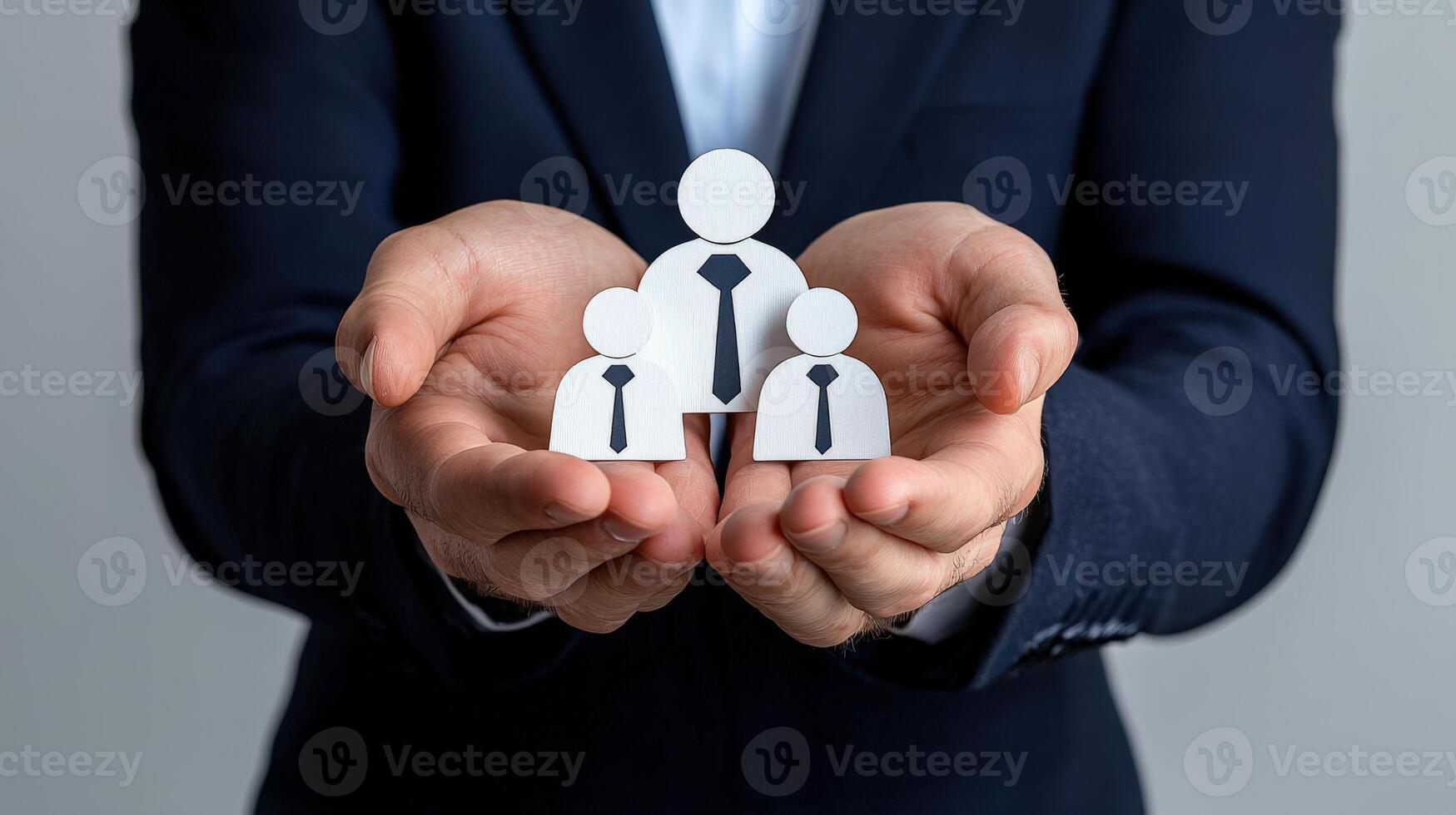 Businessman holding paper cutouts of people photo