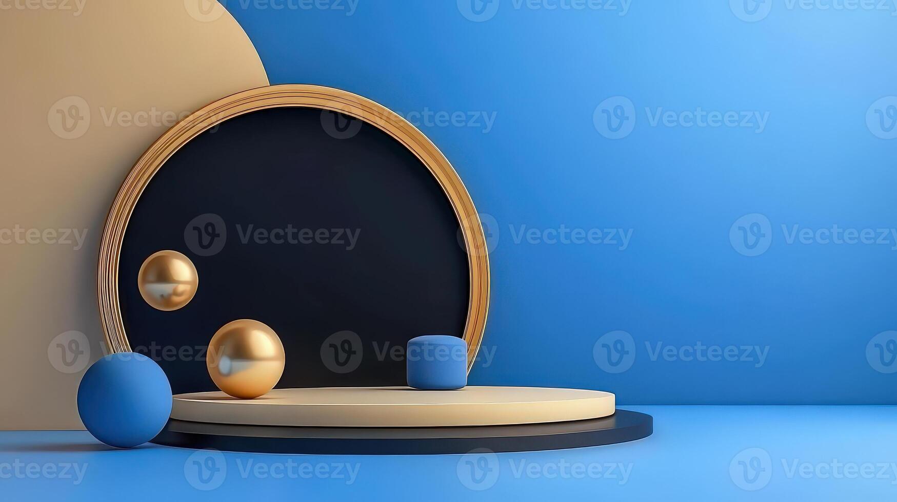 3d render of a round mirror and two gold balls photo