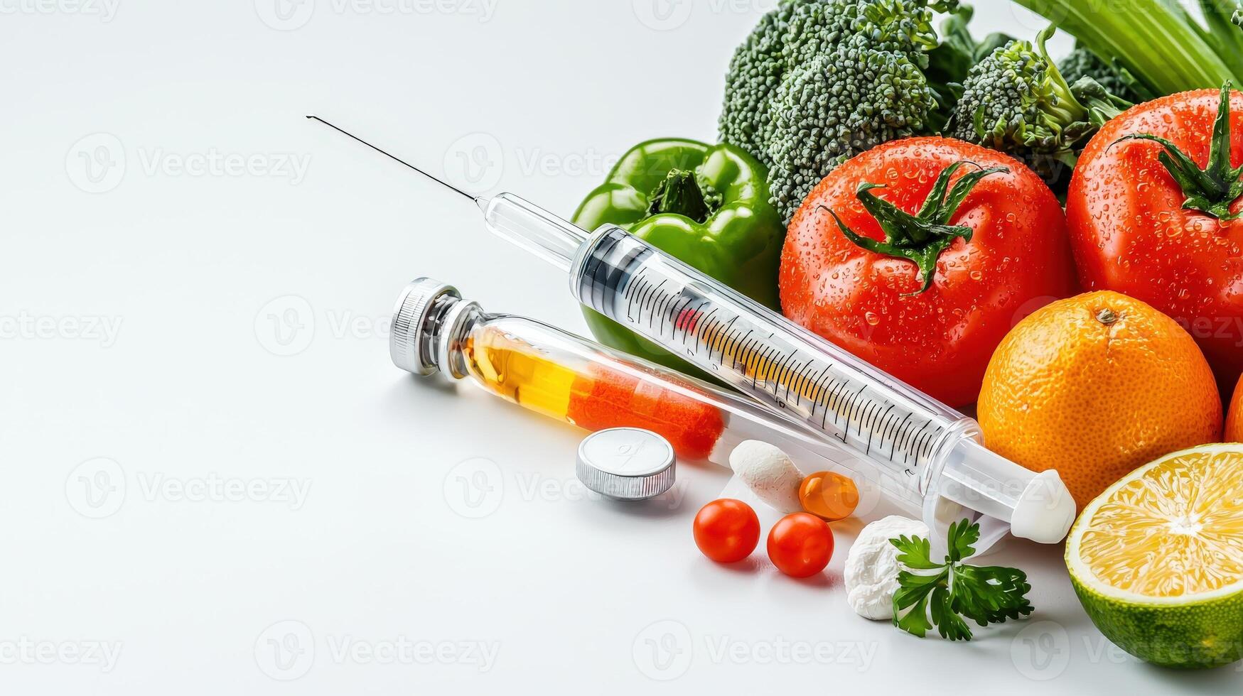 A variety of fruits and vegetables with an injection photo