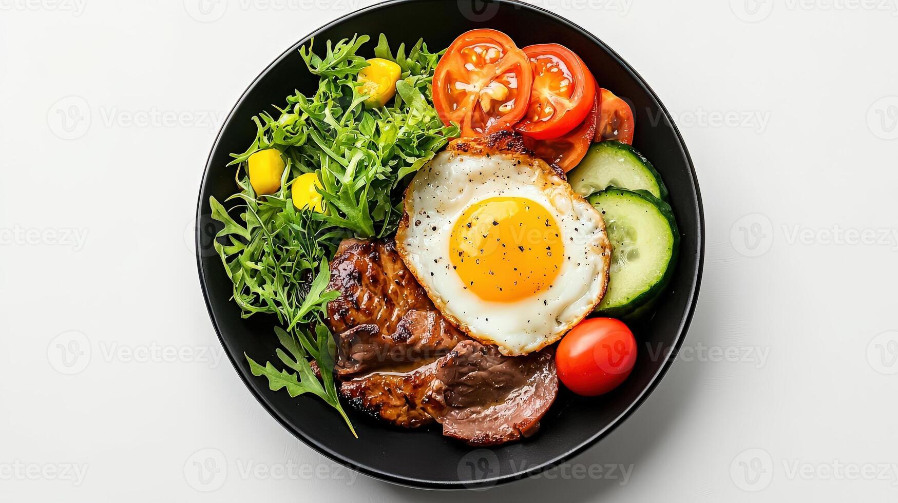 A plate with a steak, egg and vegetables photo