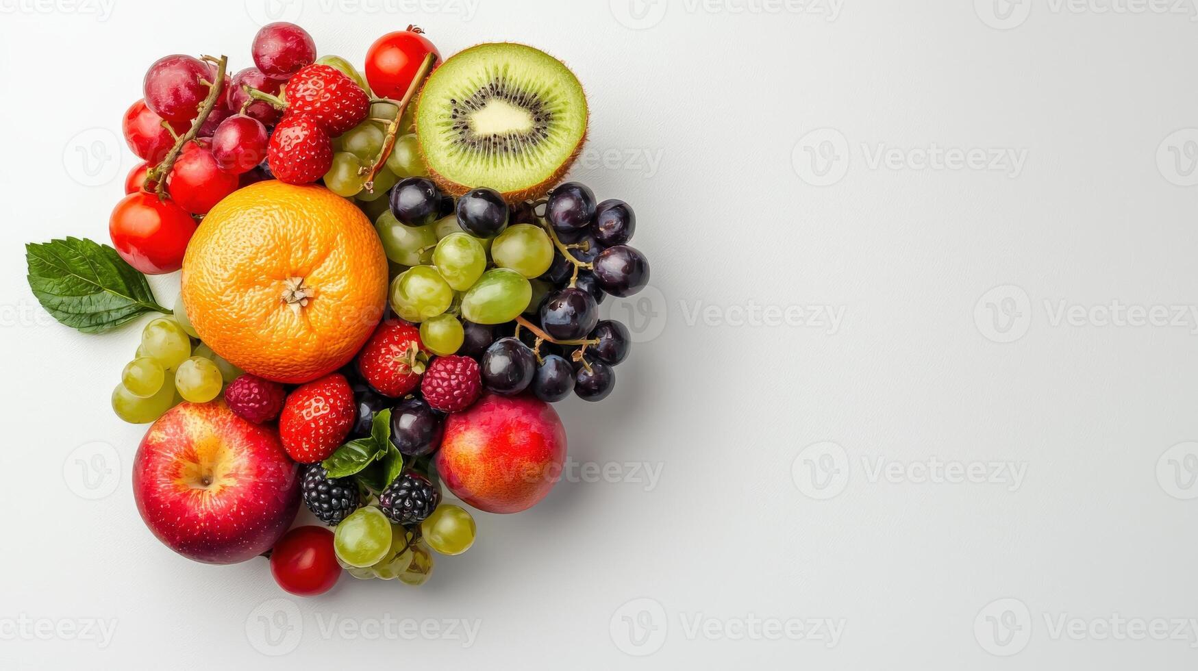 Fresh fruit and vegetables arranged in a circle on a white background photo