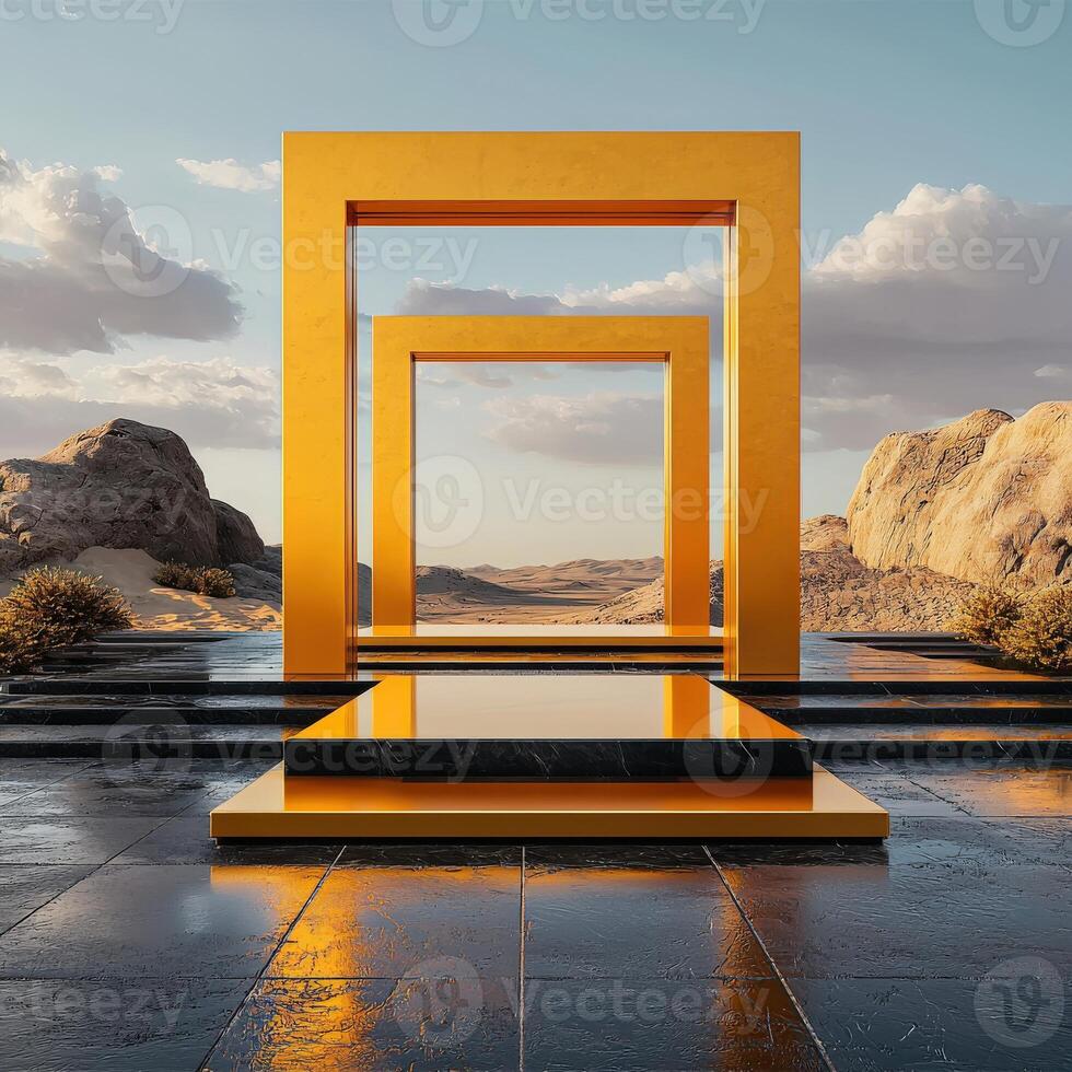 Golden gate in desert with sky background 3d render photo