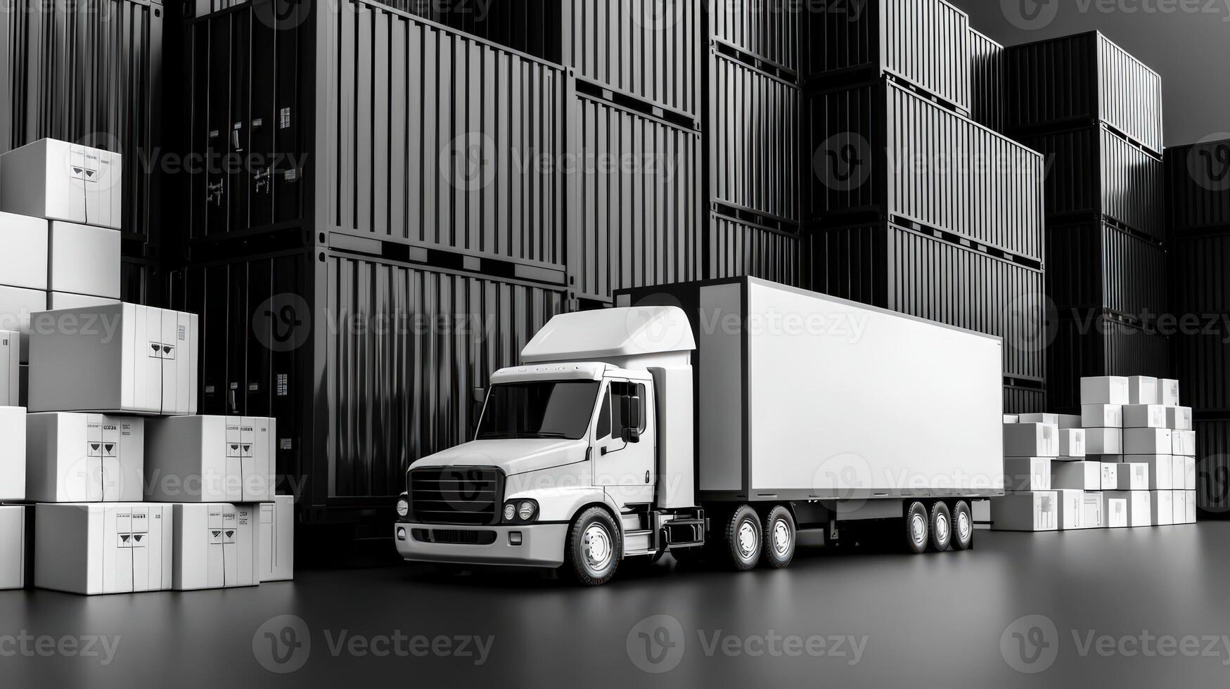 A truck is parked in front of a large container photo