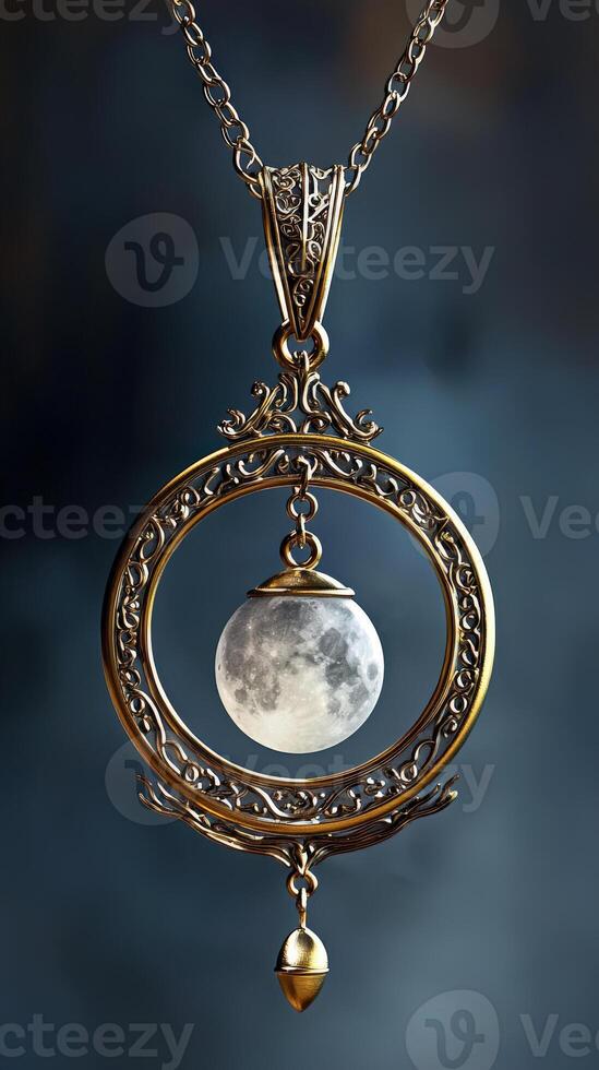 A moon pendant with a gold chain and a chain photo