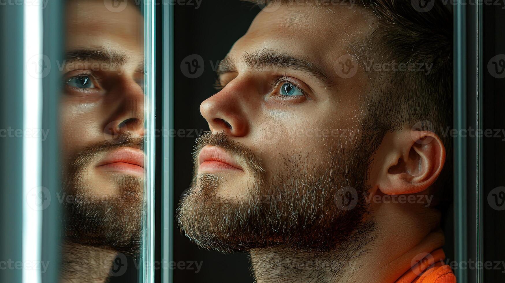 A man looking through a window at himself photo