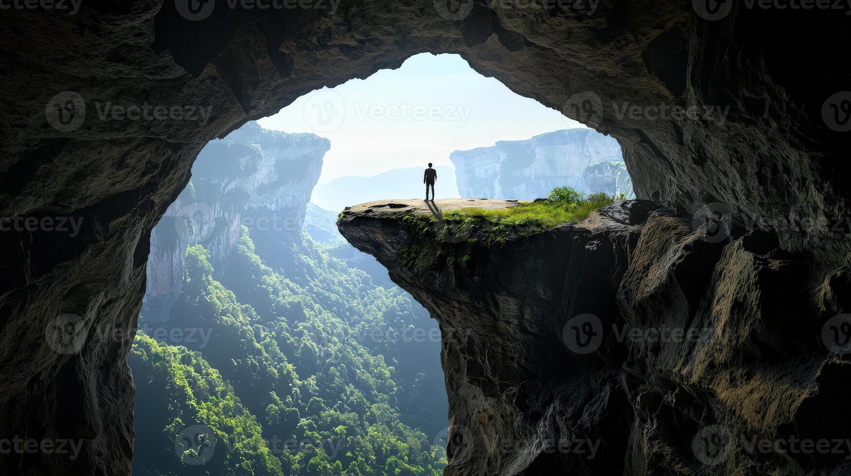 A man standing on top of a cliff looking out into a cave photo
