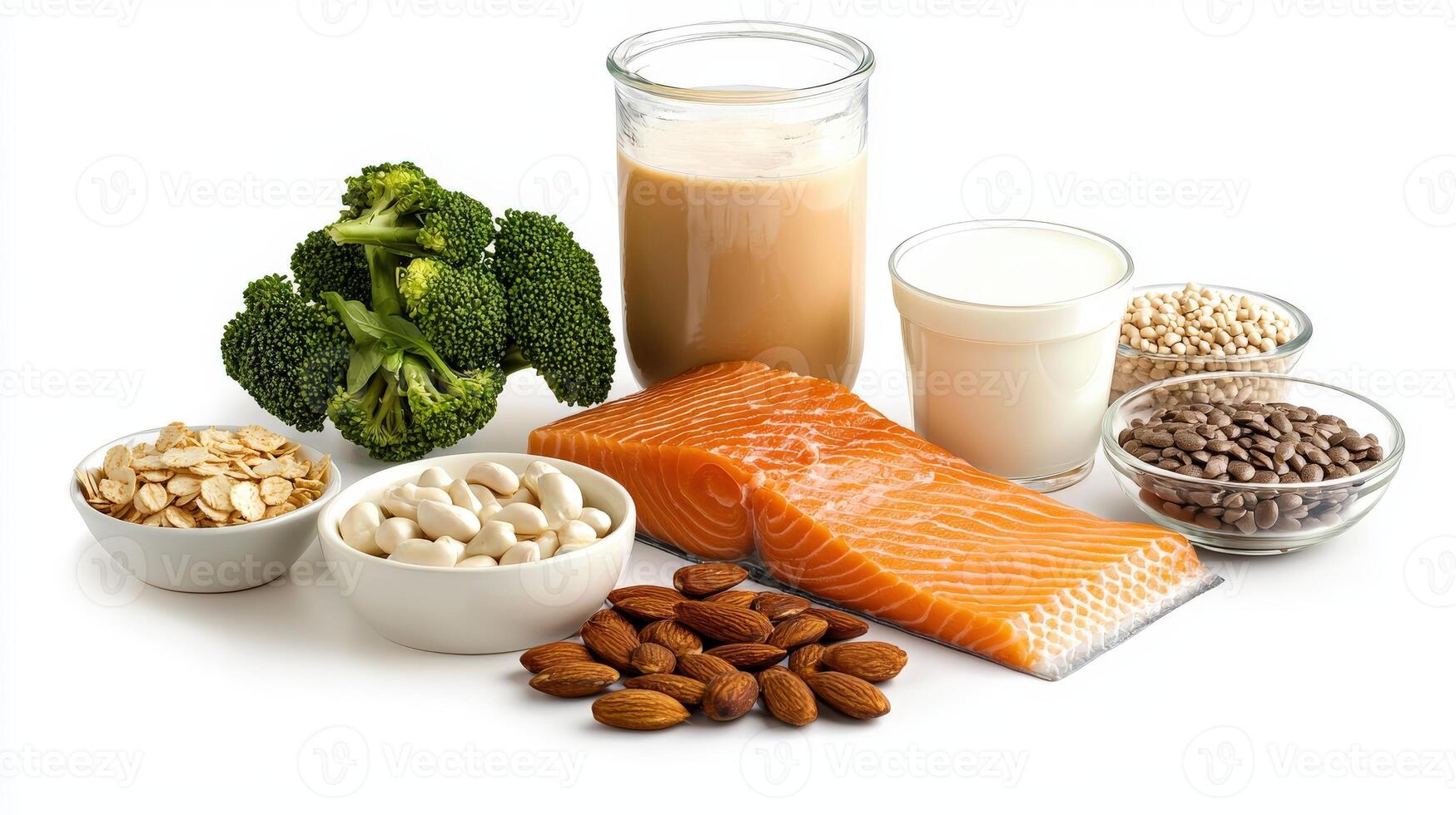A variety of foods including milk, nuts, broccoli, and salmon photo