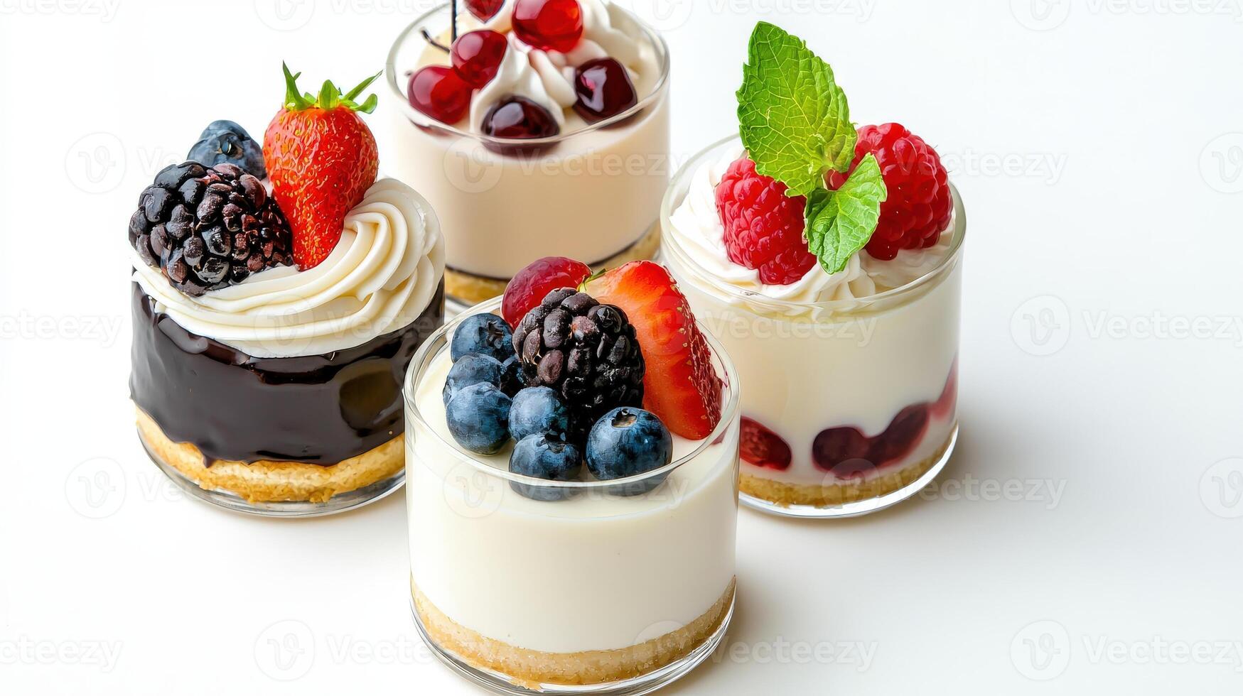 Four dessert cups with different types of fruit photo