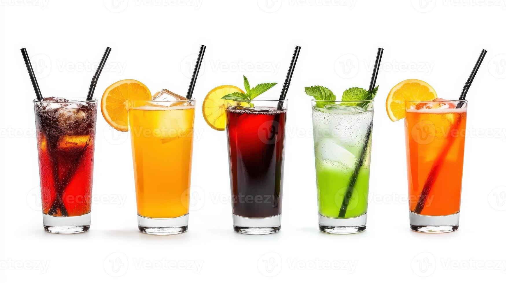 A group of different colored drinks in glasses photo