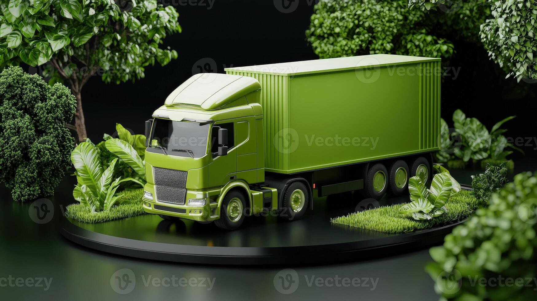 A green truck is sitting on a black stand photo
