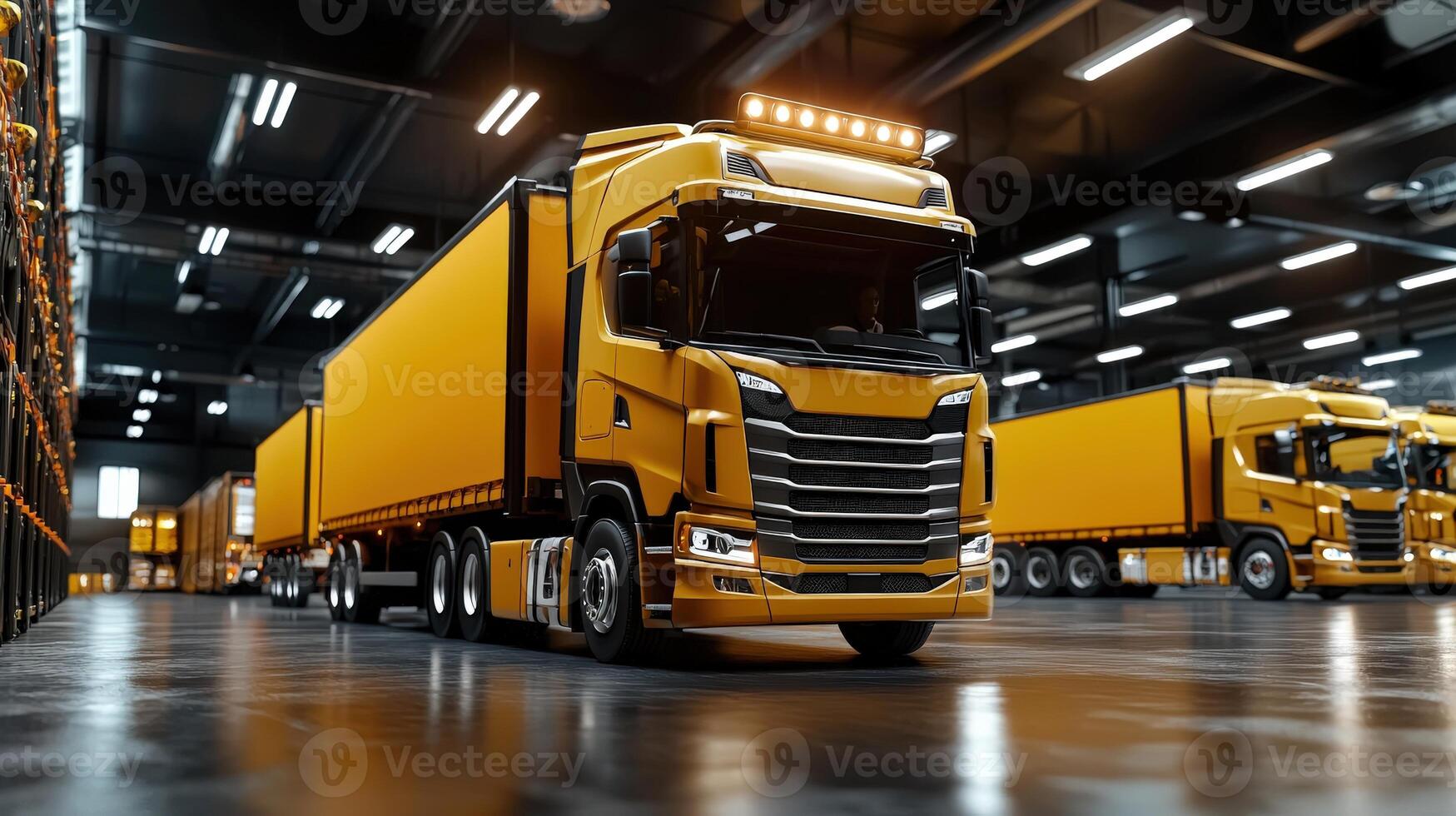A large group of yellow trucks in a warehouse photo