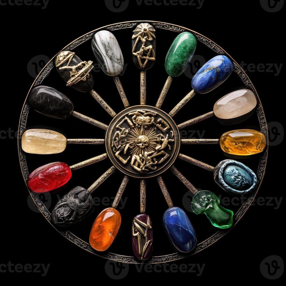 The wheel of time is made up of many different colored stones photo