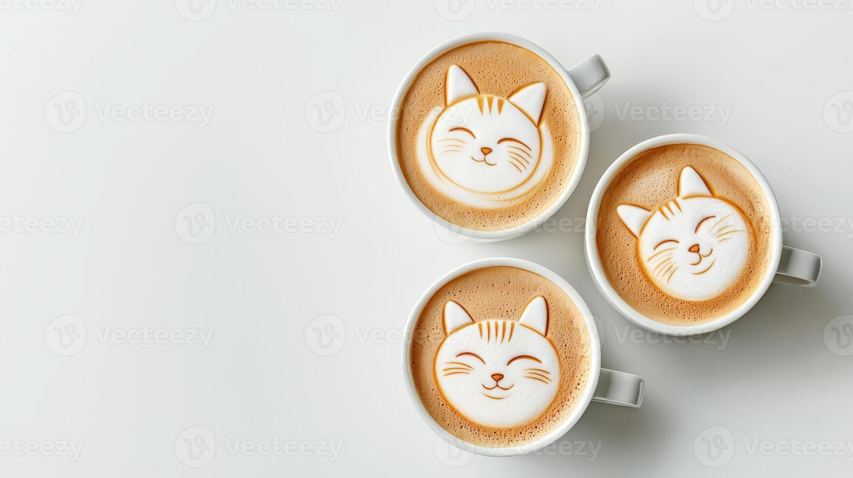 Three cups of coffee with cat faces on them photo