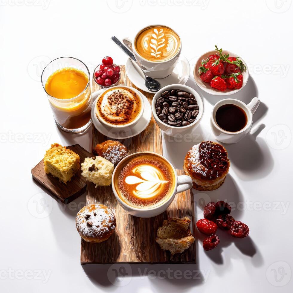 A variety of coffee and pastries on a wooden tray photo