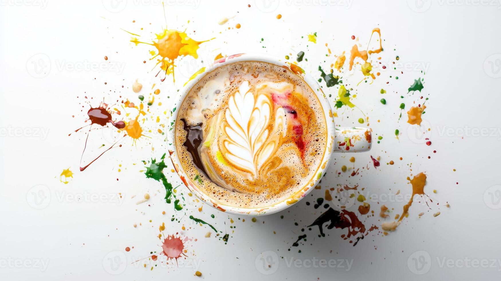 A cup of coffee with colorful paint splatters photo
