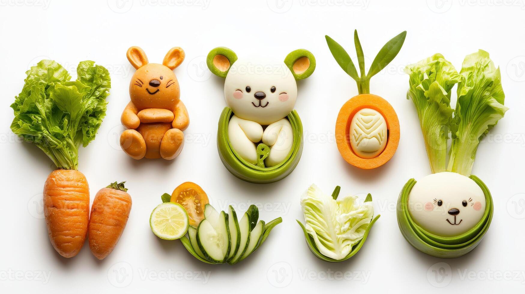 A variety of vegetables and fruits arranged in a bunny shape photo
