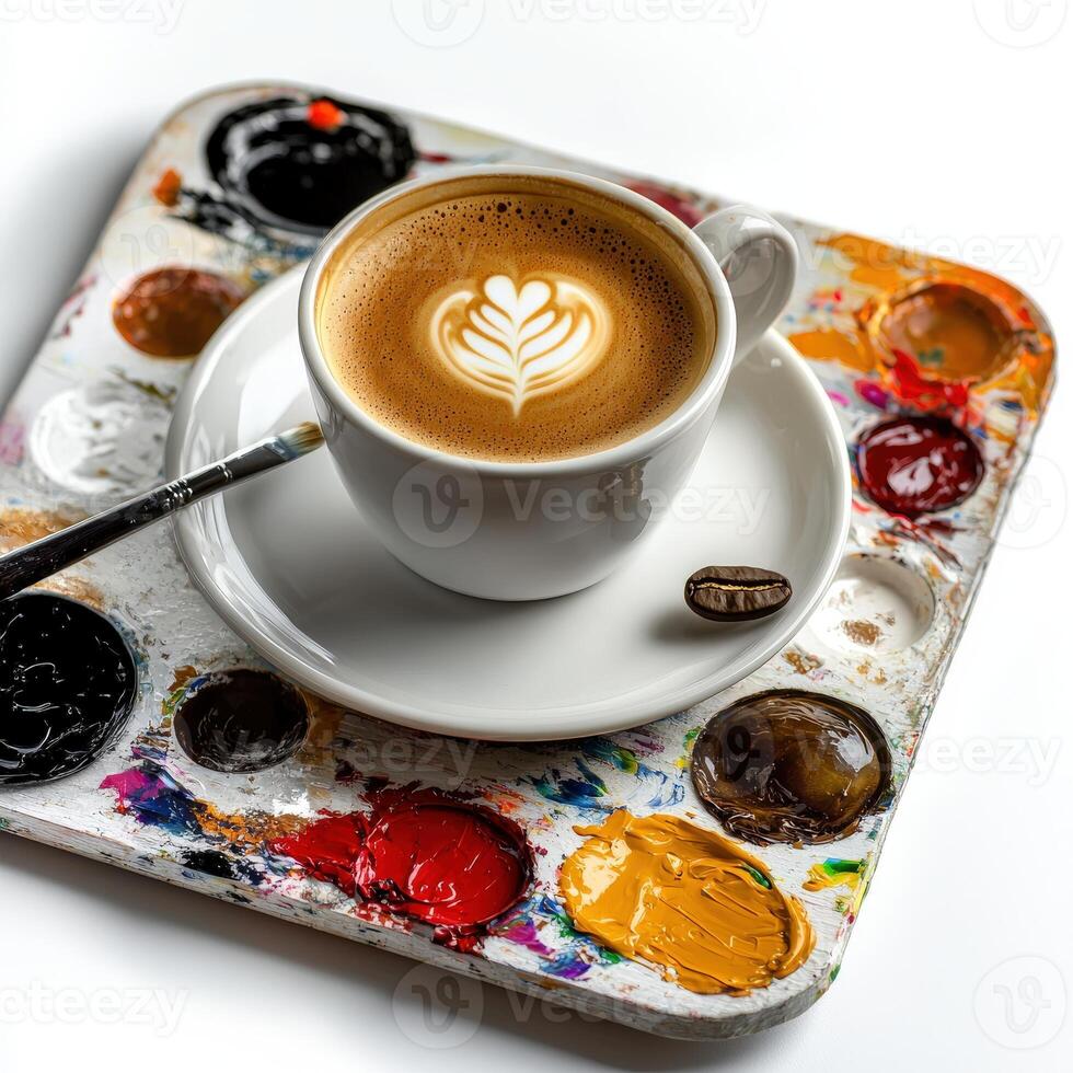 A cup of coffee sits on a palette with paint brushes photo