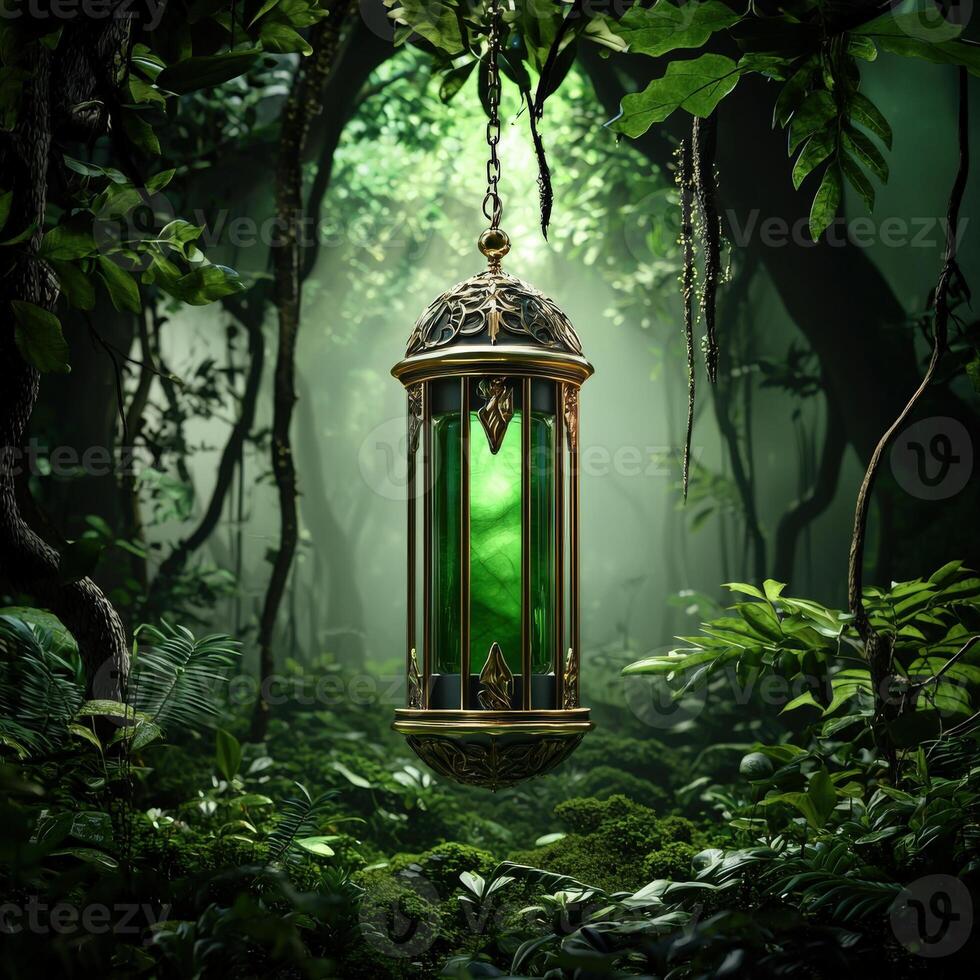 A green lantern hanging in the middle of a forest photo