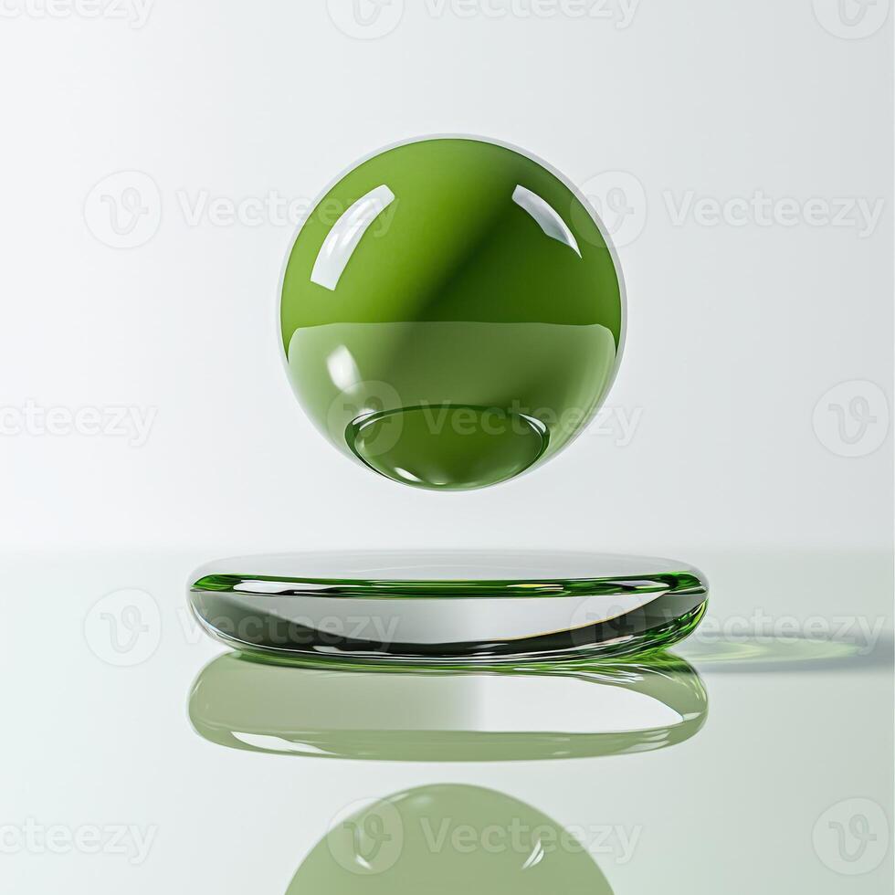 A green glass ball floating on top of a glass table photo