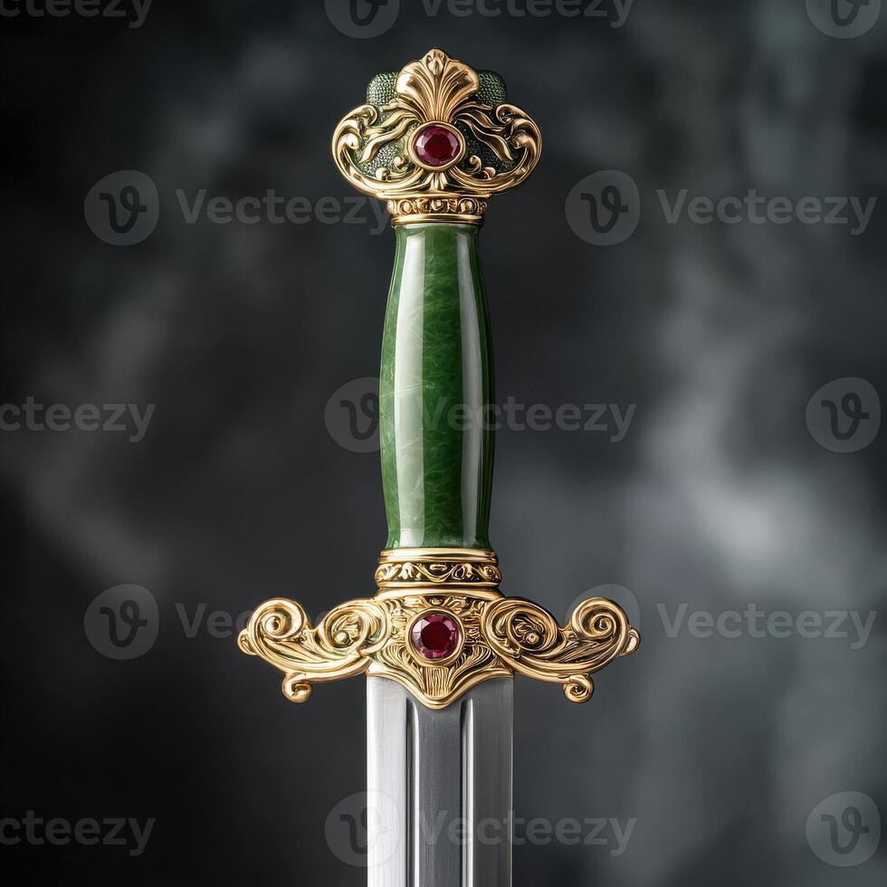 A sword with a green stone on it photo