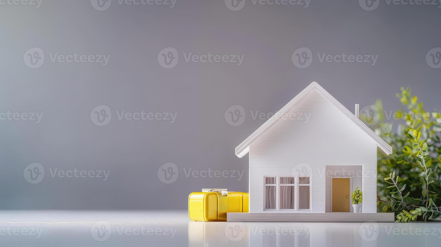 House model with green plant and gold suitcase on grey background photo