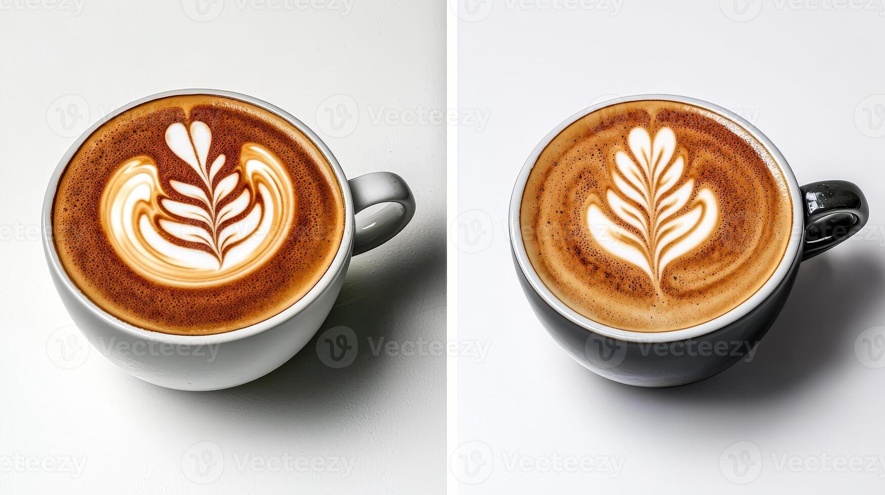 Two images of coffee with the same latte art photo
