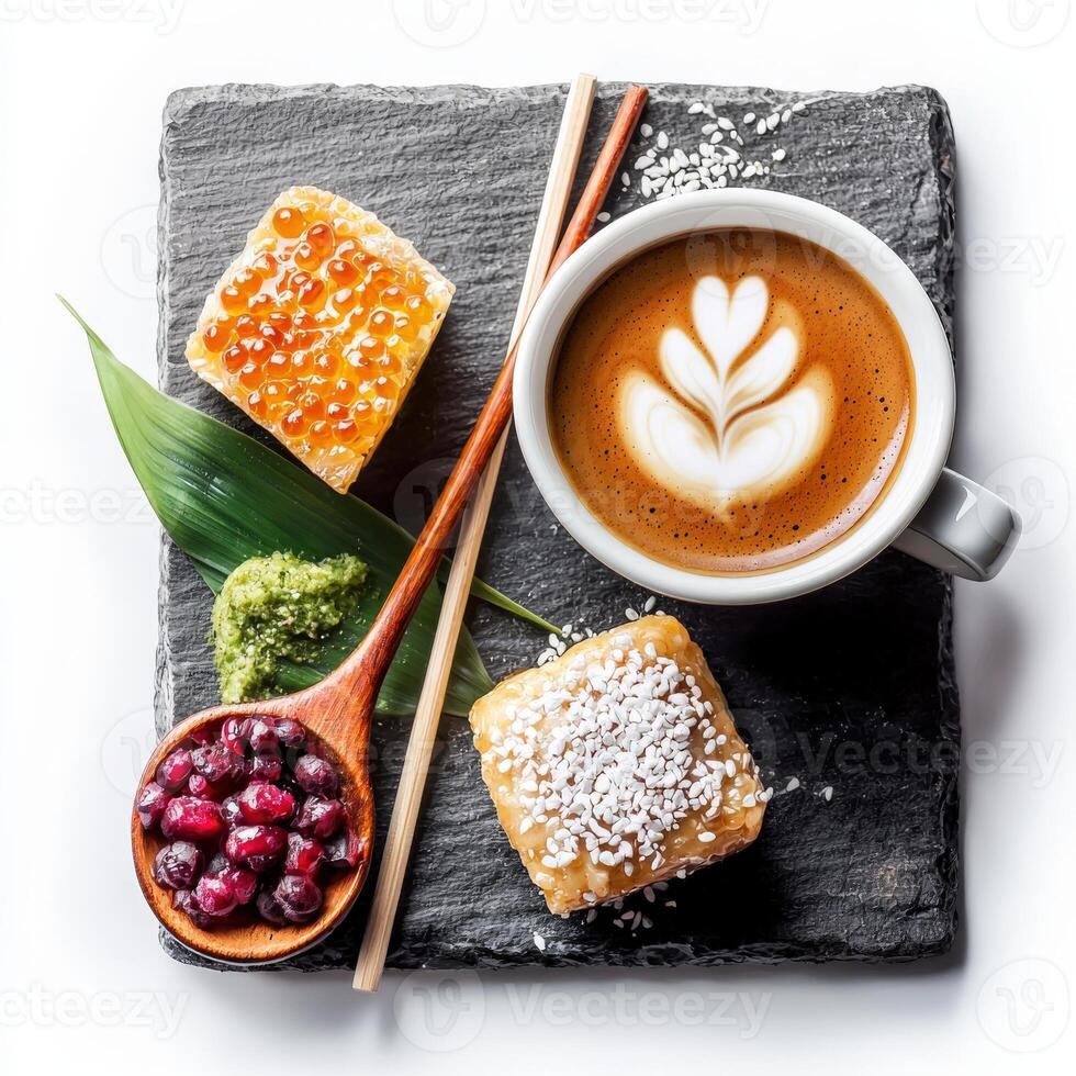 Coffee and dessert with a heart shape on a slate board photo