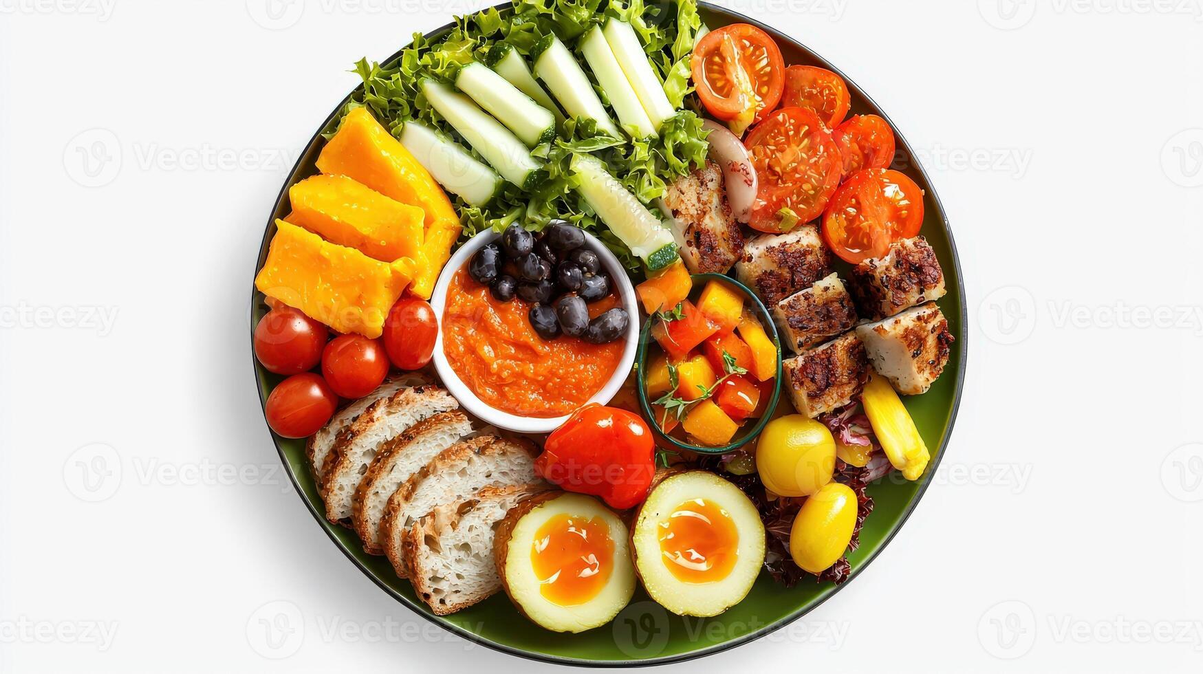 A plate with a variety of food including eggs, tomatoes, cheese and bread photo