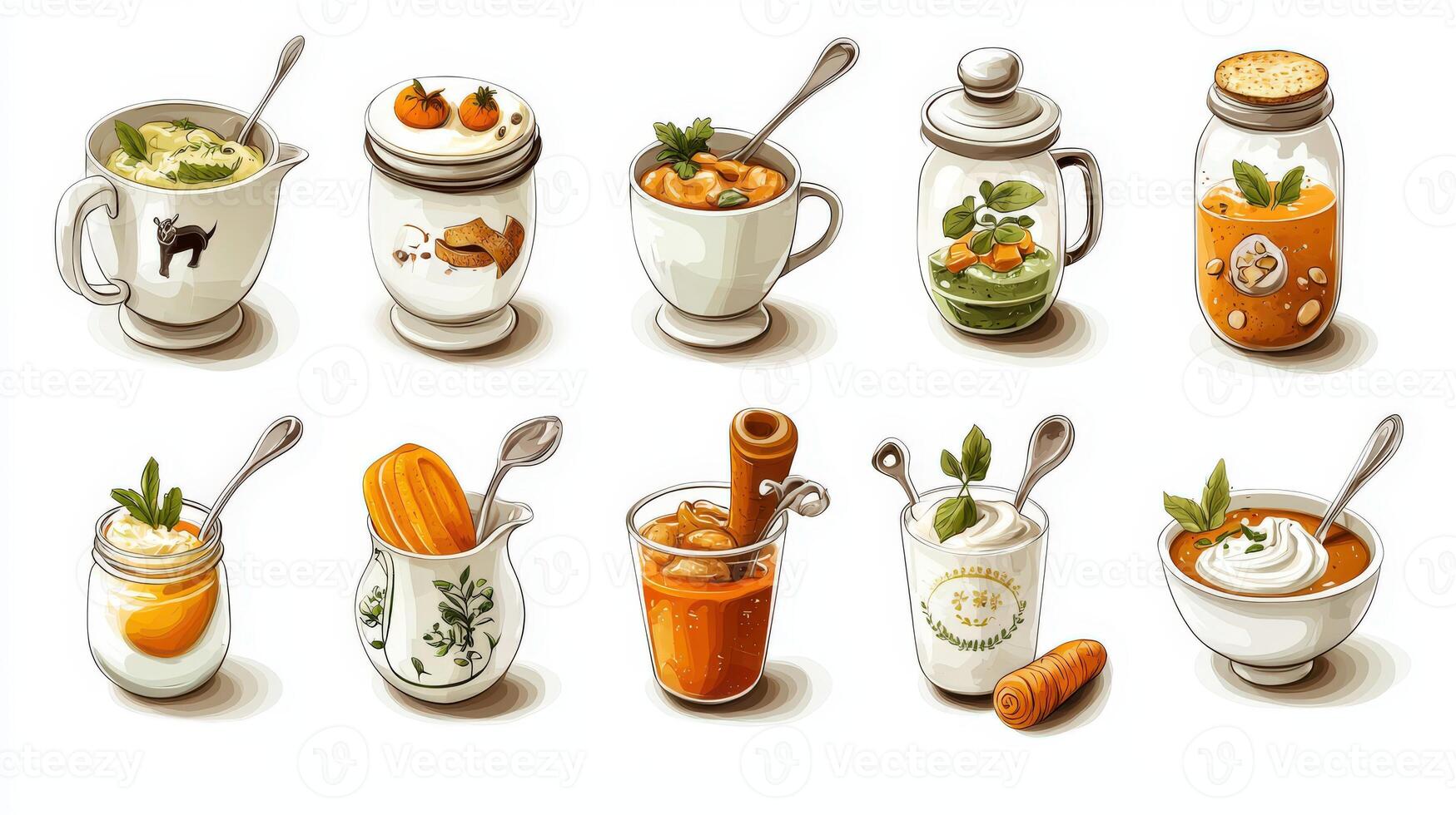 A set of different types of food in cups and spoons photo