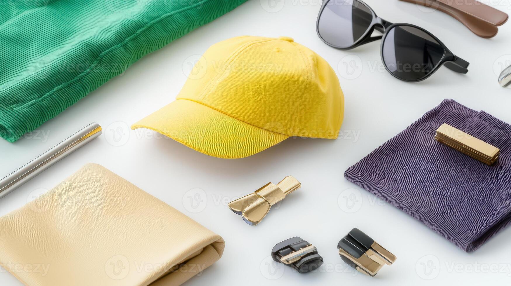 A yellow hat, sunglasses, sunglasses, and a yellow shirt photo
