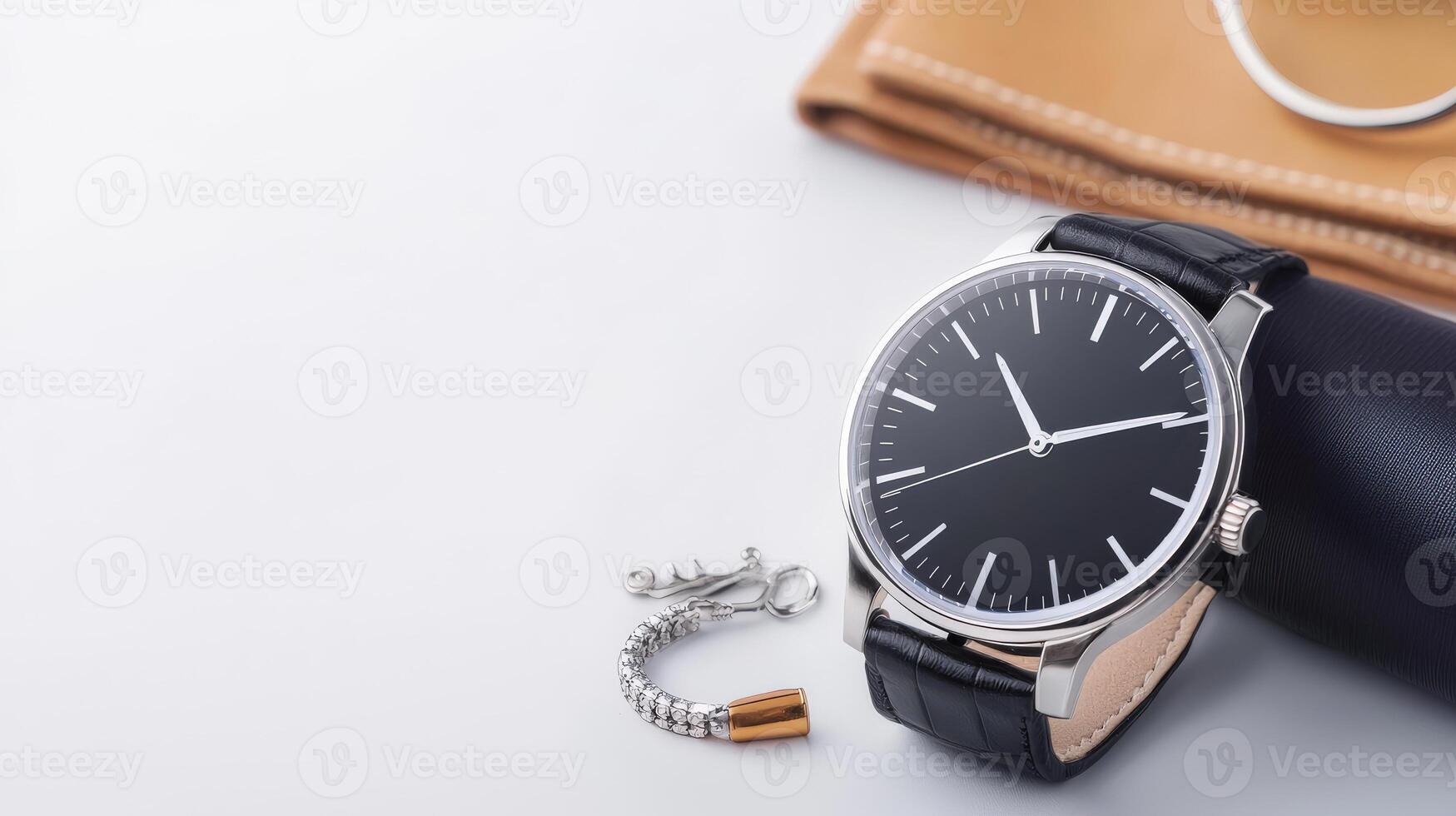 A watch and a purse on a white surface photo