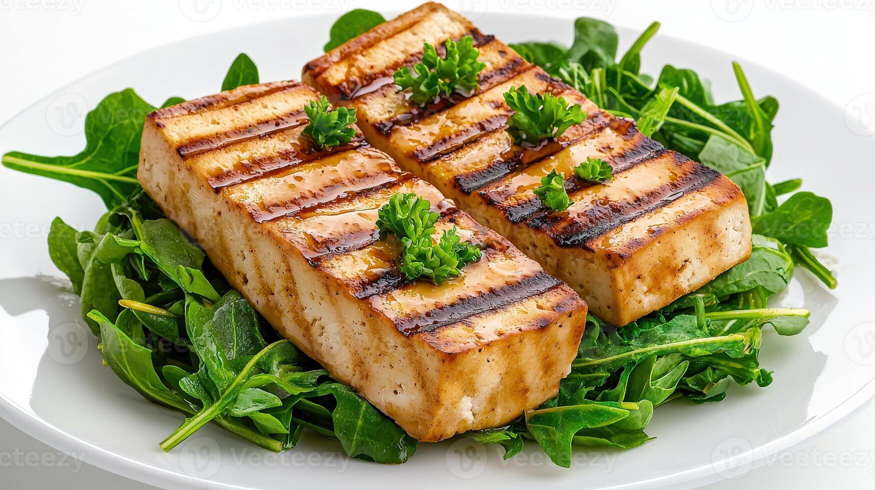 Grilled tofu with spinach and parsley photo