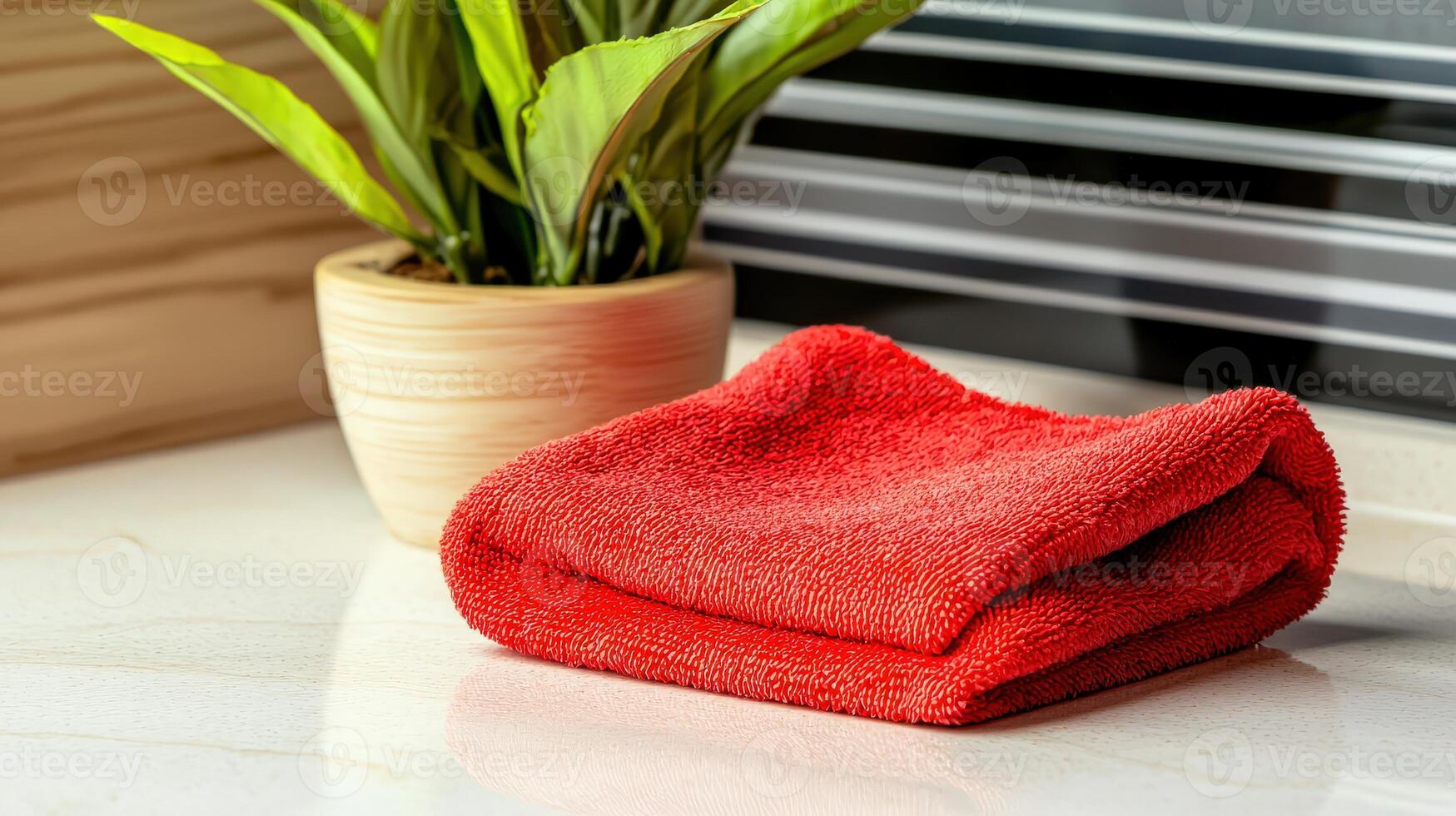 A red towel on a counter next to a plant photo