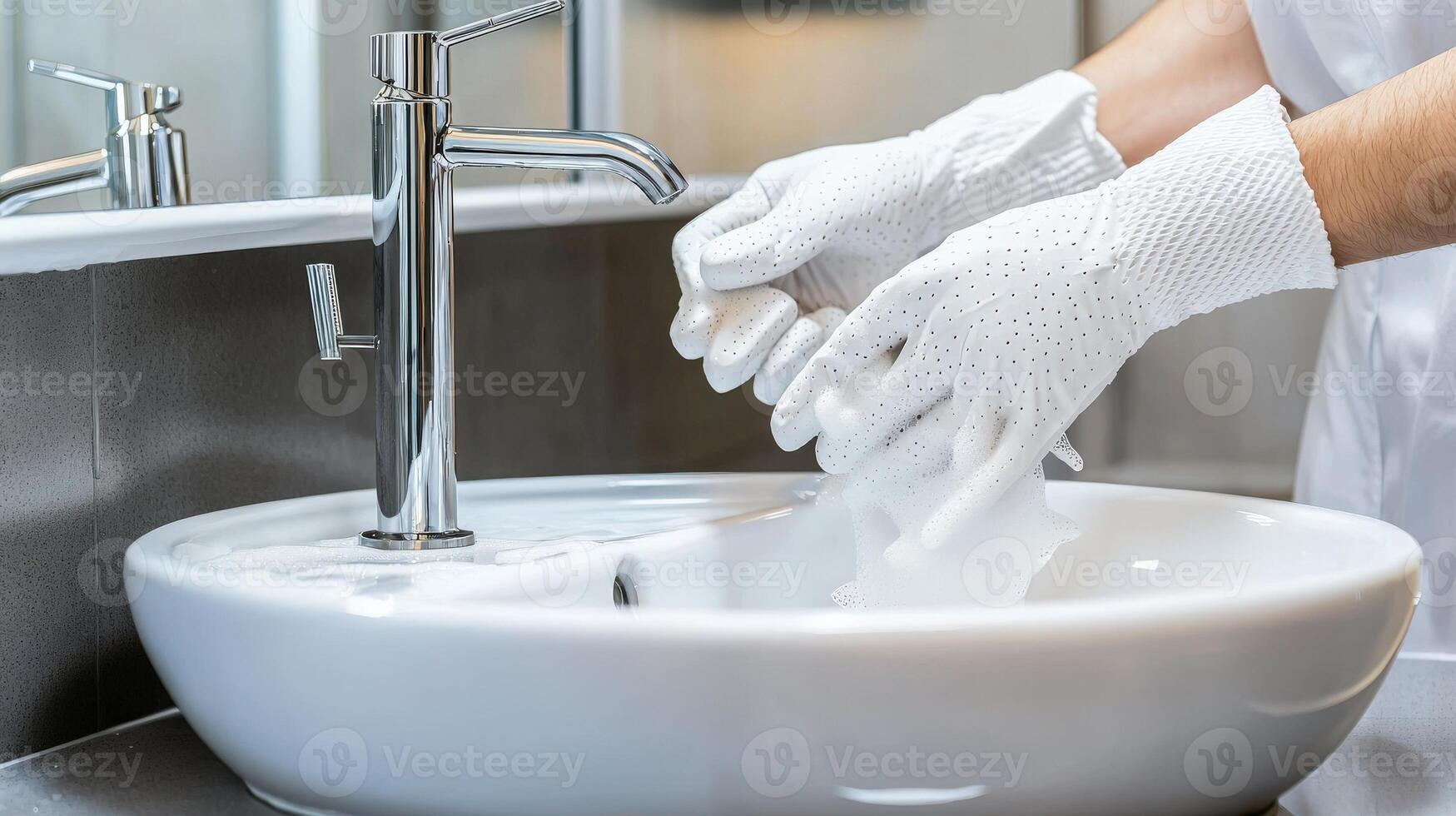 A person in white gloves washing their hands in a sink photo