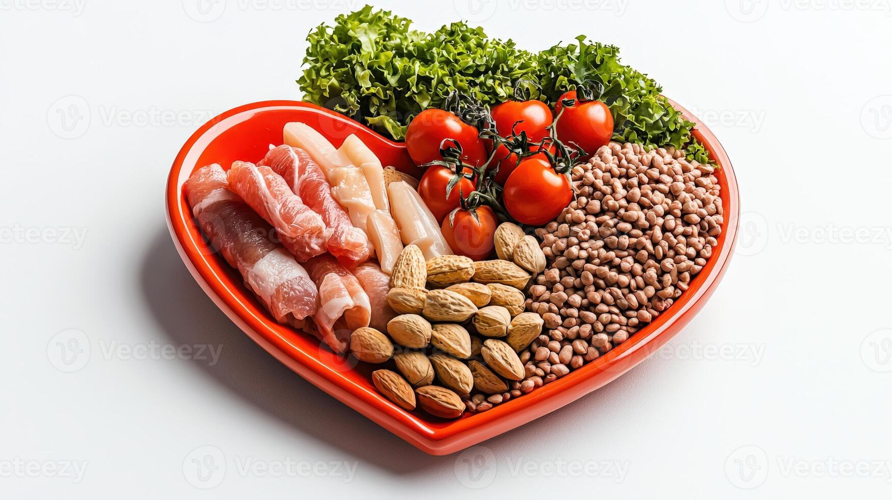 Heart shaped plate with various foods photo