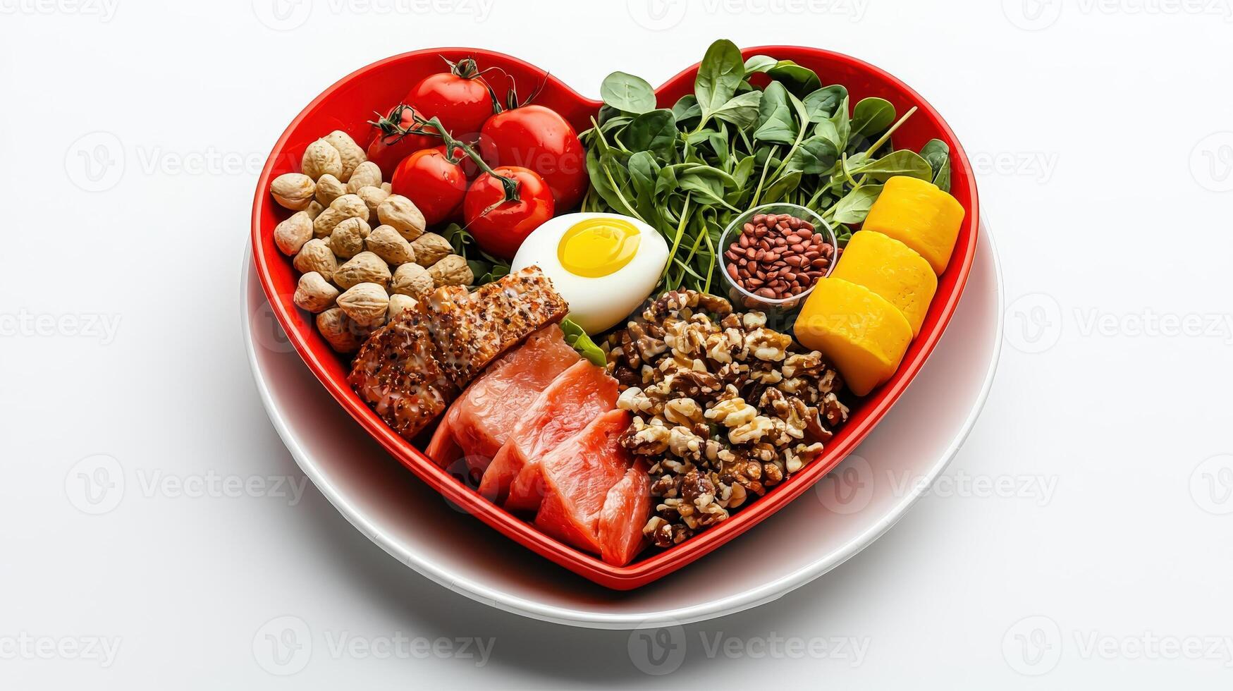 A red heart shaped plate with food in it photo