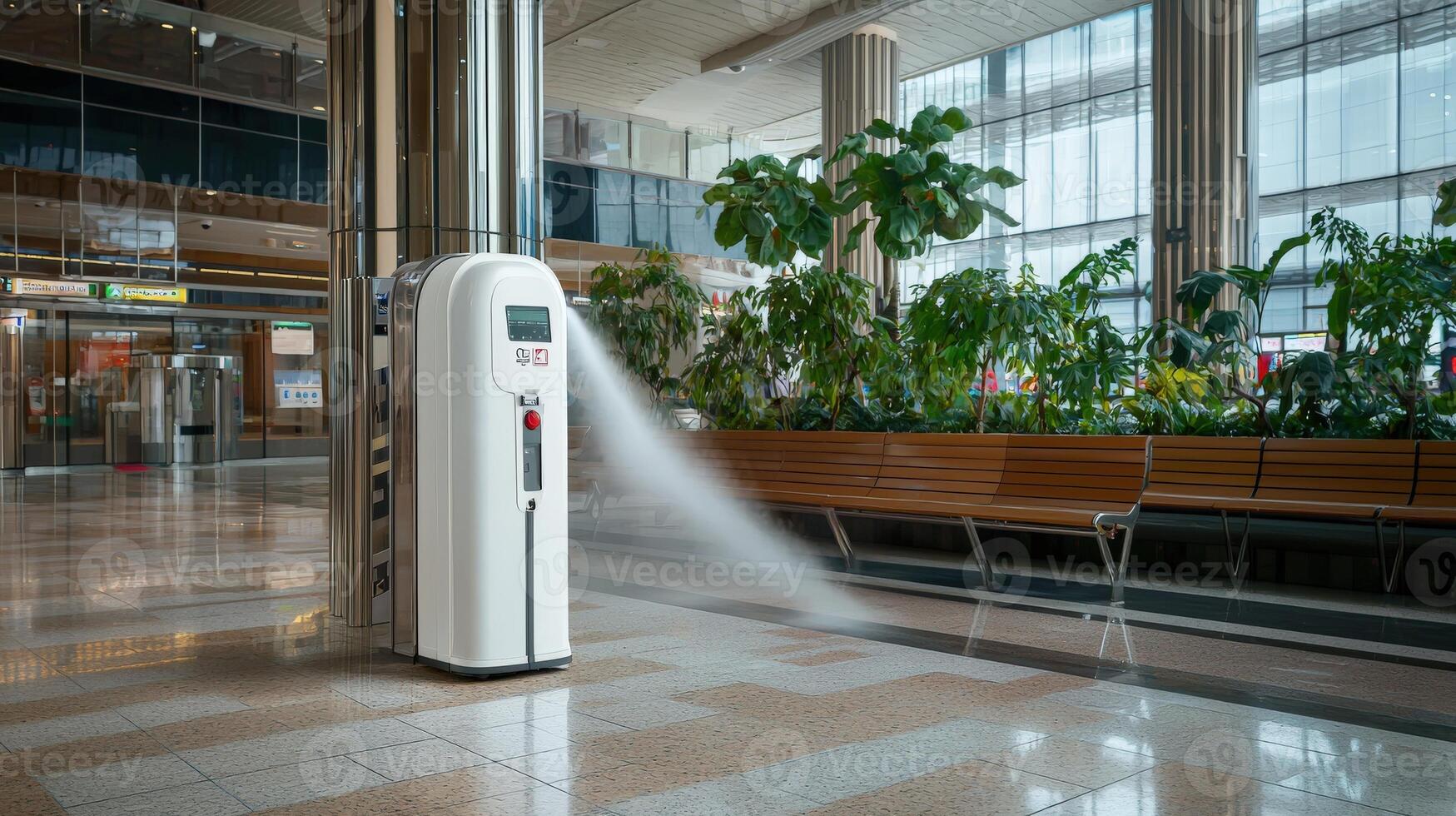 A white machine spraying water in an airport photo