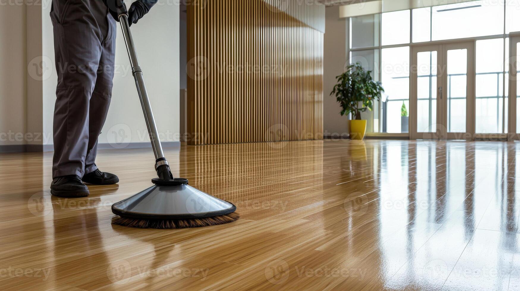 A man is cleaning a wooden floor with a vacuum photo