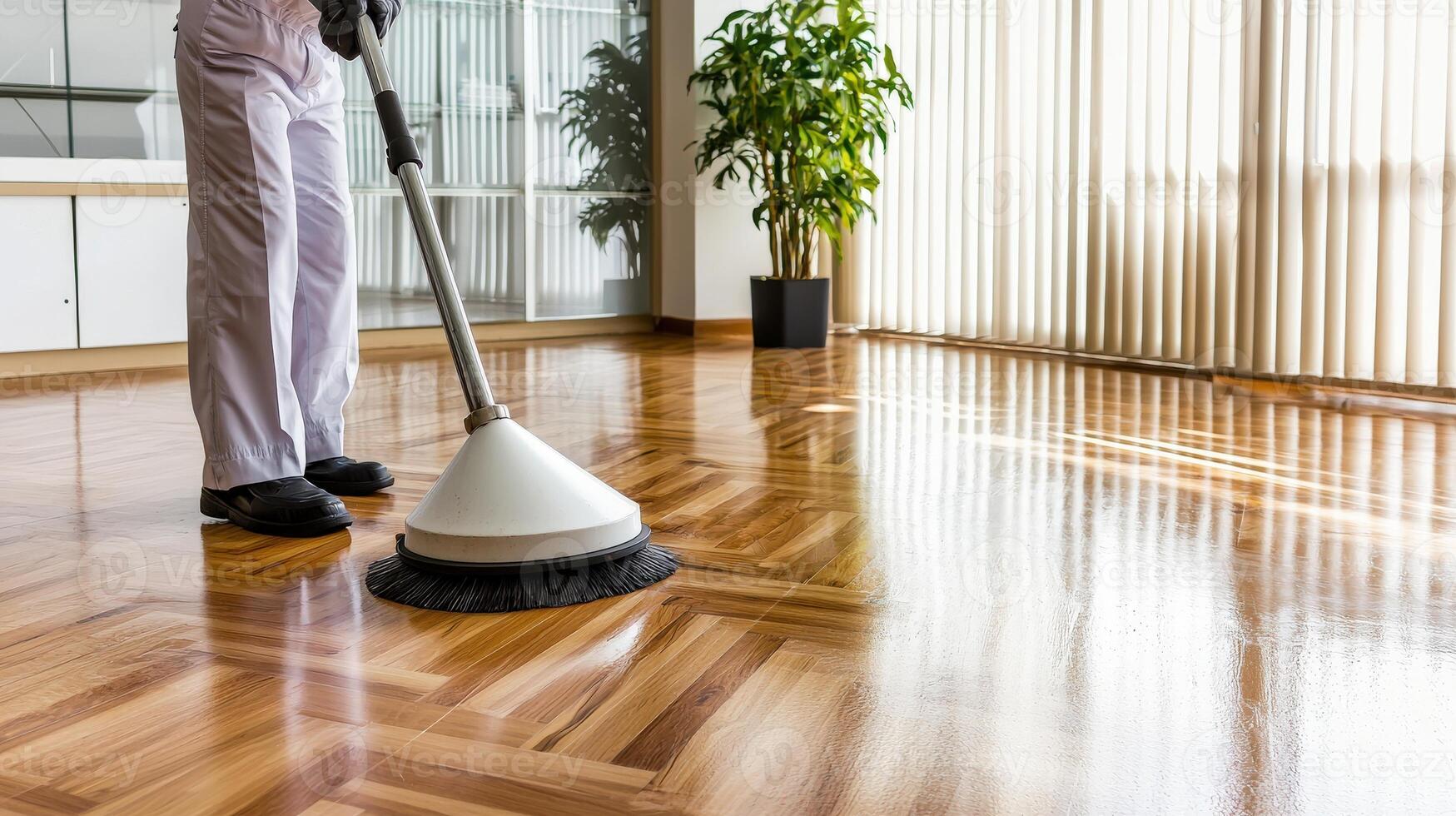 A person cleaning a hardwood floor with a vacuum photo
