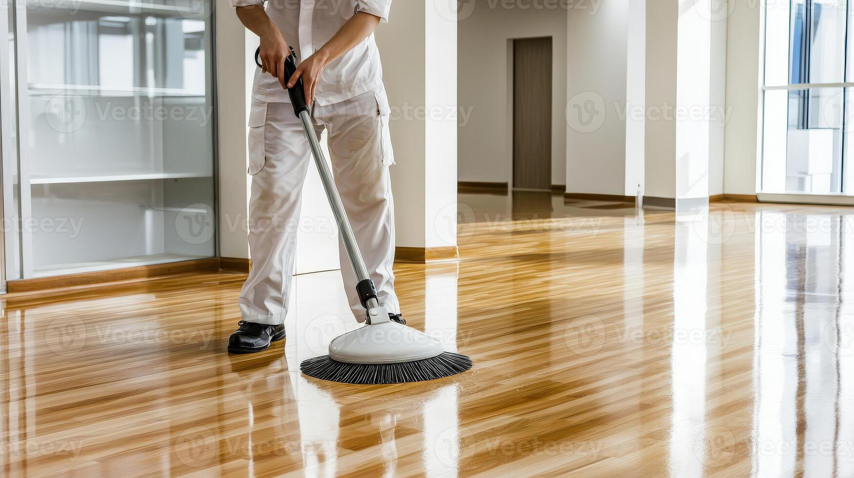 A man cleaning a wooden floor with a vacuum photo